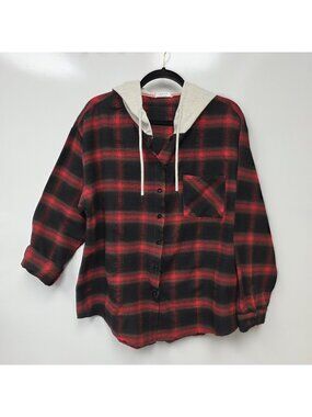 ELESOL Shirt Womens XL Red Black Plaid Hooded Button Front Flannel Top